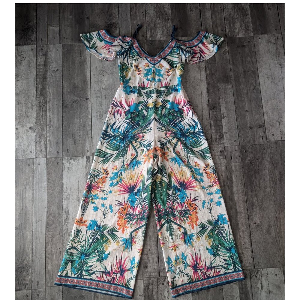 Flying Tomato, Strappy Cold Shoulder Ruffle Pants Romper, Tropical Print, Sz S